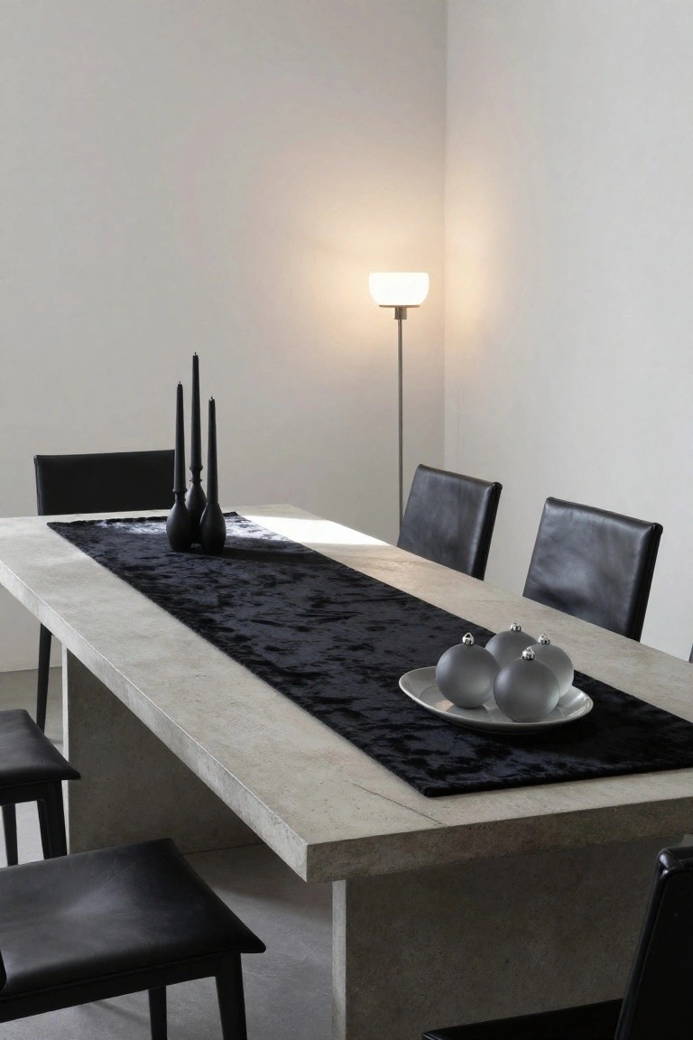 Concrete dining table with black velvet runner, plate of gray glass ornaments, black taper candles, black leather chairs, and white floor lamp in a white-walled room.