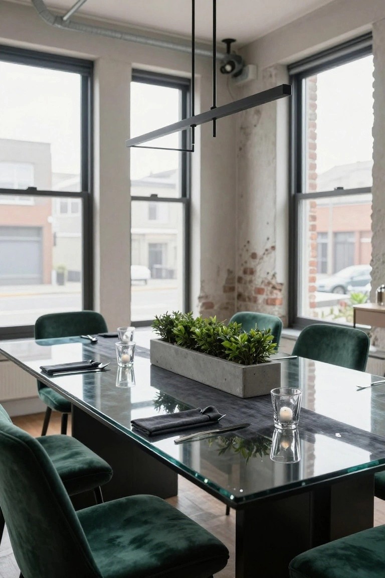 Dining room with long glass-topped black-based table set with black fabric runner, folded black napkins, glassware, silverware, two candles, central rectangular concrete planter filled with green boxwood, six emerald green upholstered chairs, and large windows with views of brick buildings outside.