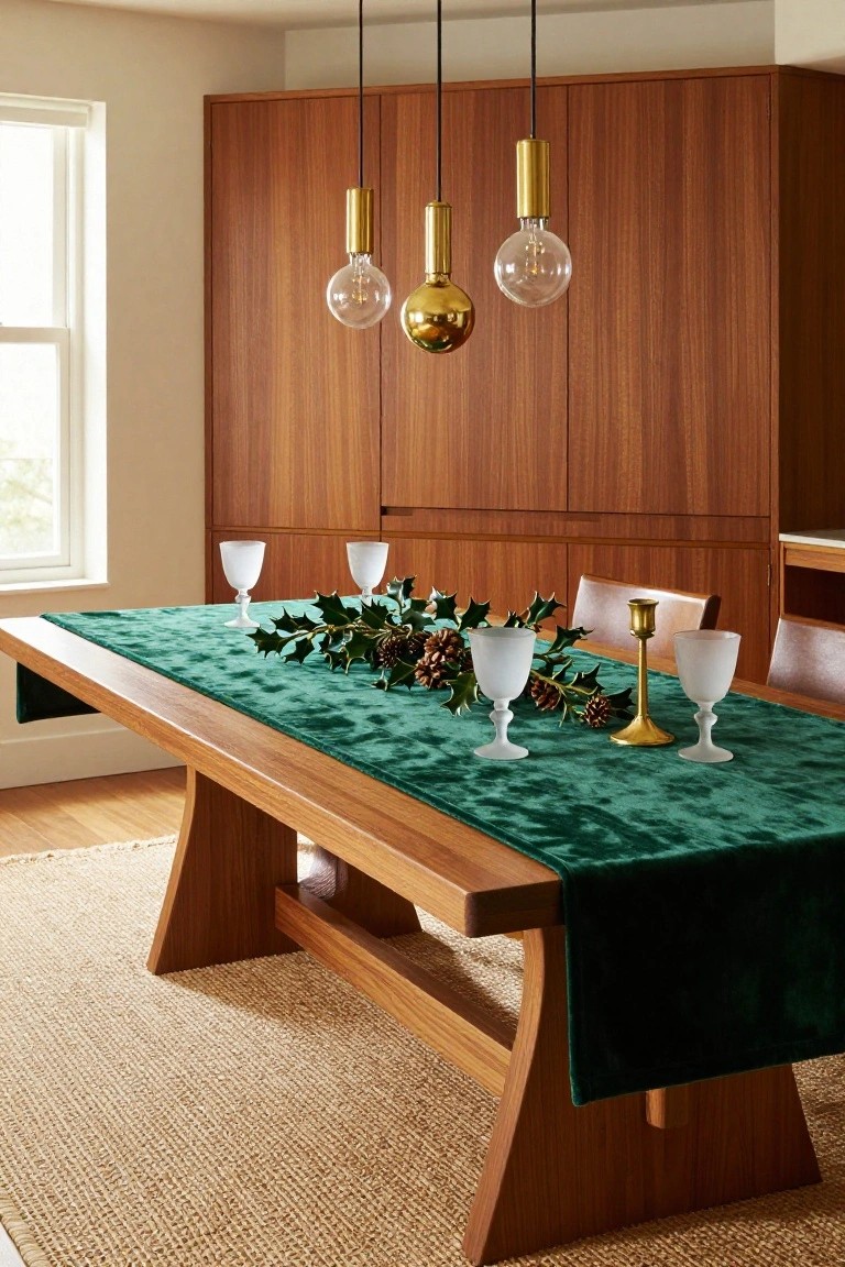 Wooden trestle dining table in a room with warm wood cabinets, covered by emerald green velvet runner with holly branches, pinecones, white coupes, and gold candlestick, under three brass pendant lights.