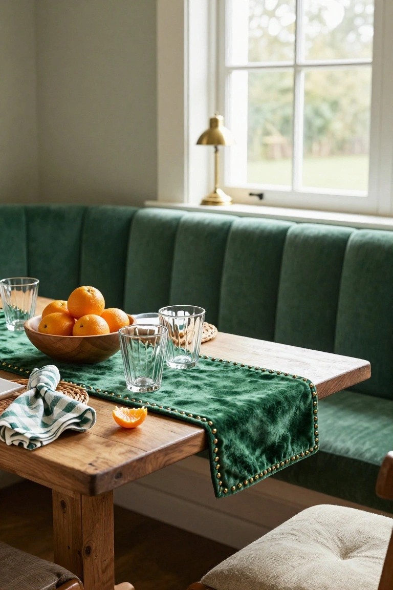 Wooden dining table with emerald green velvet table runner edged in gold beads, wooden bowl of oranges, clear glasses, green and white napkins, and wicker place mats next to a green tufted banquette in a light-filled room.