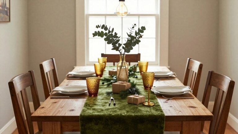 A rustic wooden dining table is adorned with a rich green velvet runner, amber glassware, and a simple vase of eucalyptus, creating a cozy holiday atmosphere.