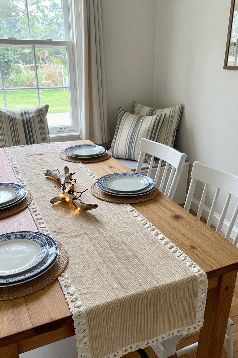 Wooden dining table in a white room with beige fringed runner, stacked blue and white plates on seagrass placemats, central lit driftwood centerpiece, white chairs, striped pillows on bench, large window overlooking garden.