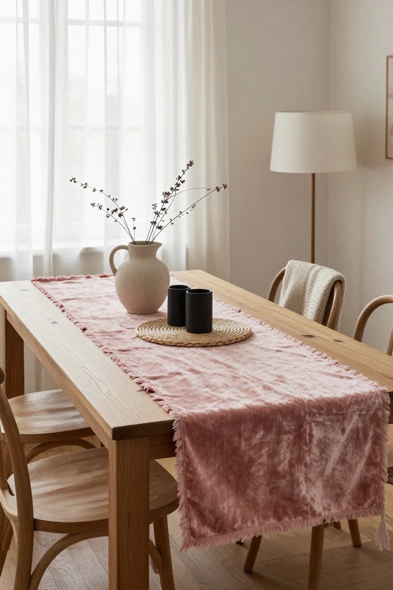 Wooden dining table with pink fringed velvet runner, cream vase of dried branches, black mugs on seagrass placemat, wooden chairs, lamp, and sheer curtains by window.