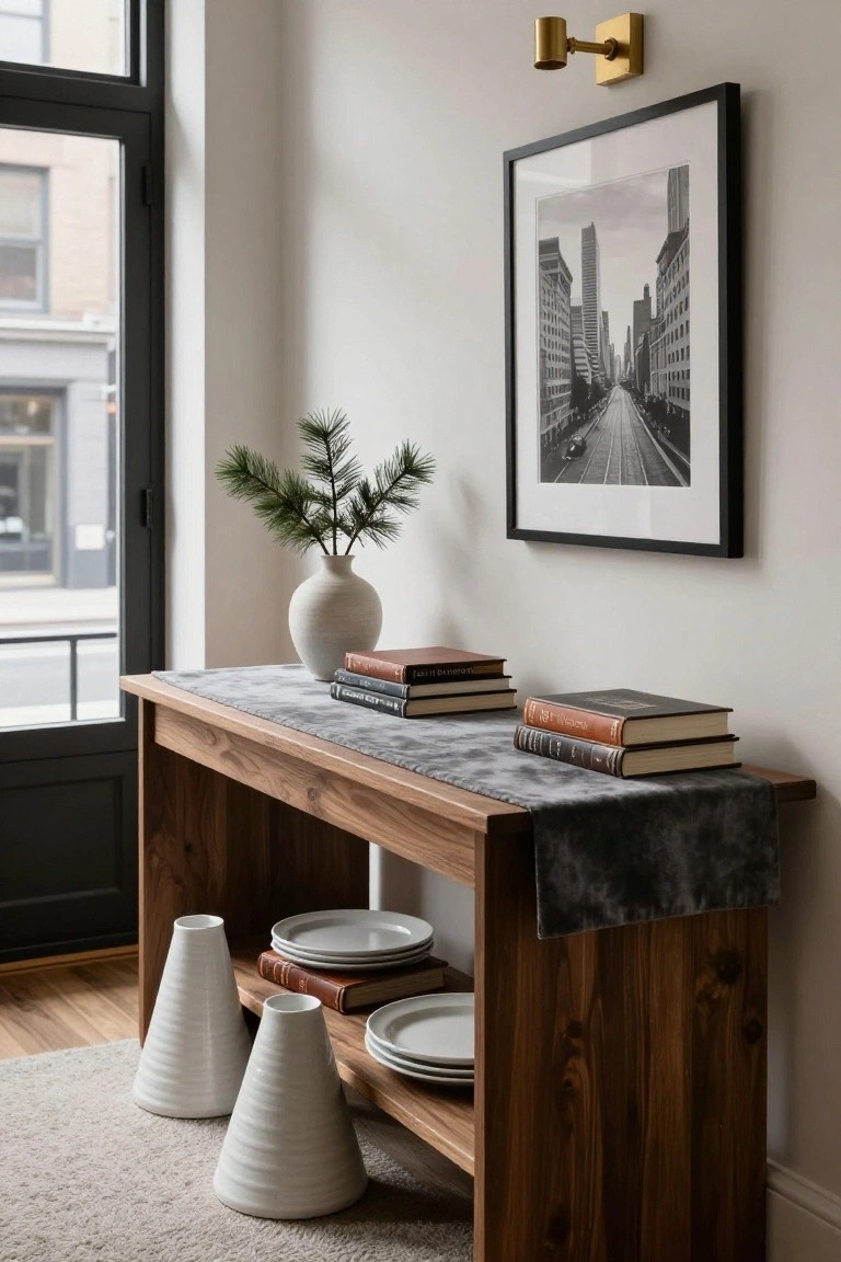 Wooden console table against a white wall with gray velvet runner on top holding stacked books and white vase with fir branches, white conical vases and plates on lower shelf, black-framed cityscape photo on wall, large window nearby.