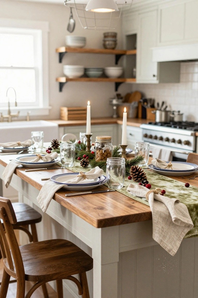 Wooden kitchen island set for Christmas dinner with green velvet runner, blue-rimmed plates tied with linen napkins, glass jars, candles, pinecones, berries, and wooden stools in a white cabinet kitchen.