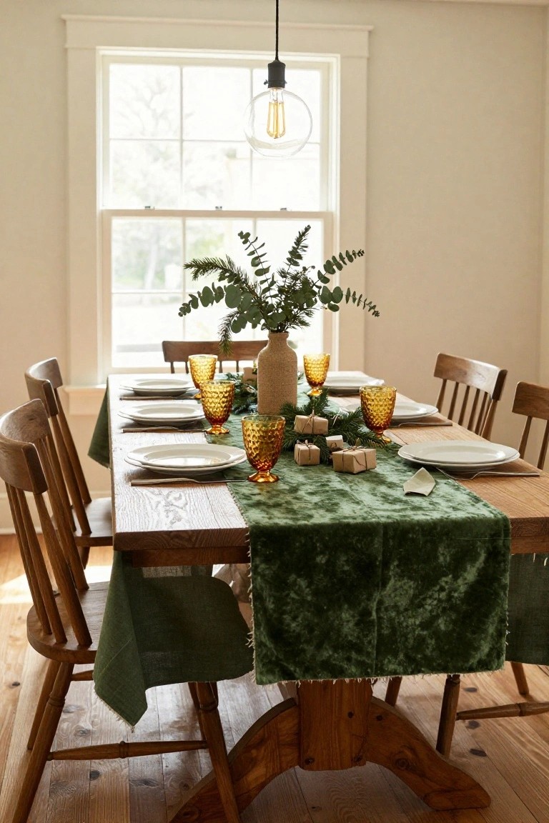 A wooden dining table set with green velvet runner, amber glassware, and greenery.