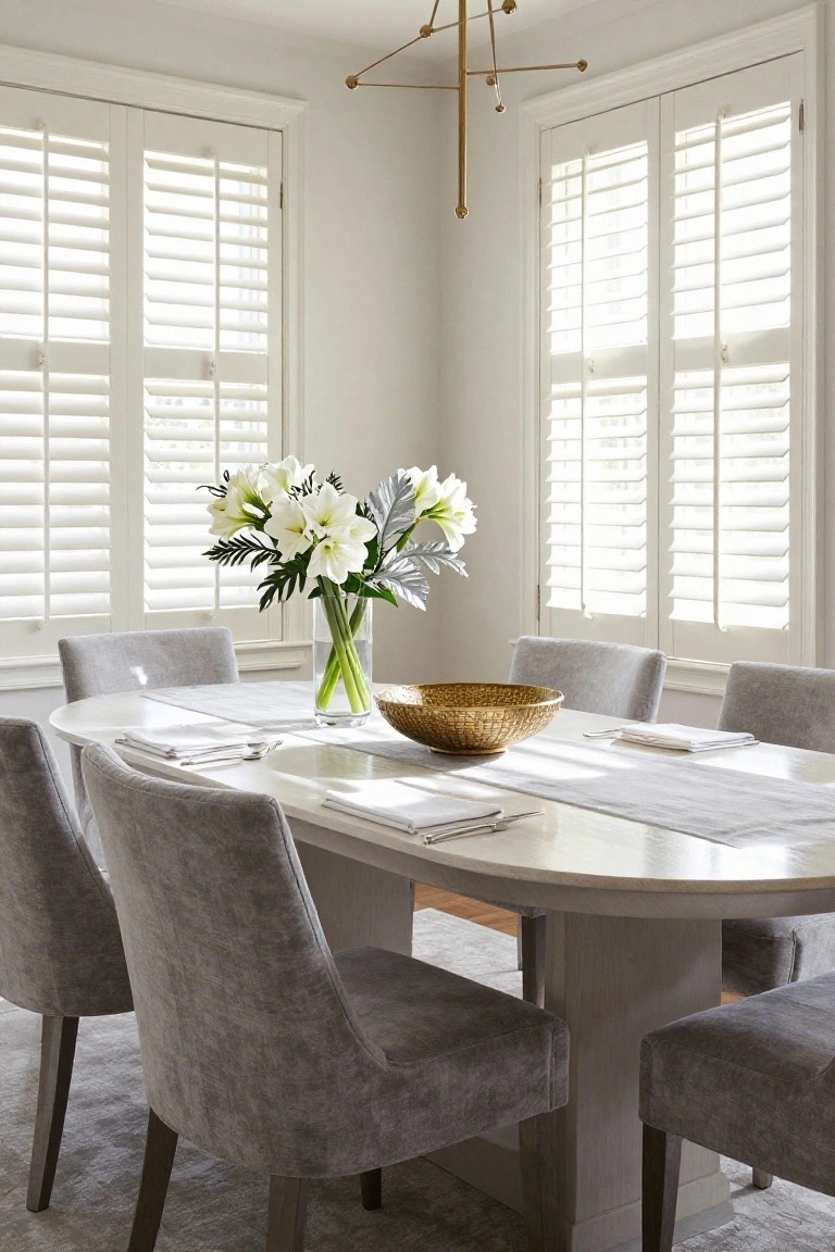 Oval light gray dining table with white runner, place settings, clear vase of white lilies, gold bowl, and gray upholstered chairs in a room with white plantation shutters and gold chandelier.