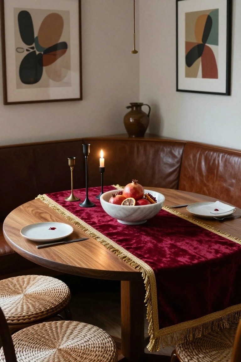 Round wooden dining table in a corner with brown leather bench seating, covered by a fringed red velvet table runner holding a white bowl of pomegranates, citrus slices, and spices, flanked by white plates, gold and black candlesticks with lit candles, and rattan stools.