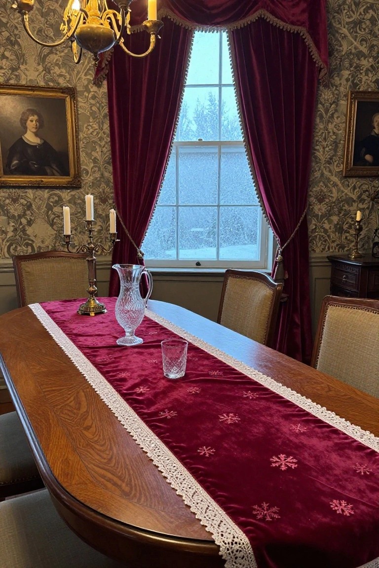 Oval wooden dining table in a formal room with red velvet table runner embroidered with snowflakes, crystal pitcher and glass, brass candelabras, upholstered chairs, chandelier overhead, portraits on walls, and red drapes at window showing snowy view outside.