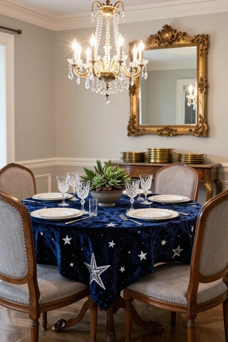Dining room with a navy velvet tablecloth embroidered with silver stars on a wood table set for six with white plates, crystal wine glasses, and upholstered chairs, under a chandelier and near a gold-framed mirror.