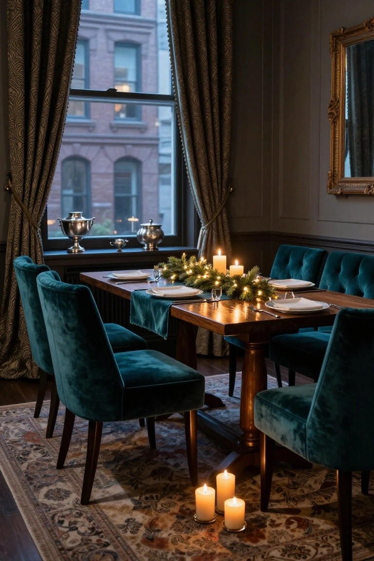 Elegant dining room with wooden table centered under large windows, covered by teal velvet runner and Christmas garland with candles and fairy lights, surrounded by matching teal velvet chairs, silver candelabras on windowsill, and ornate gold mirror on wall.