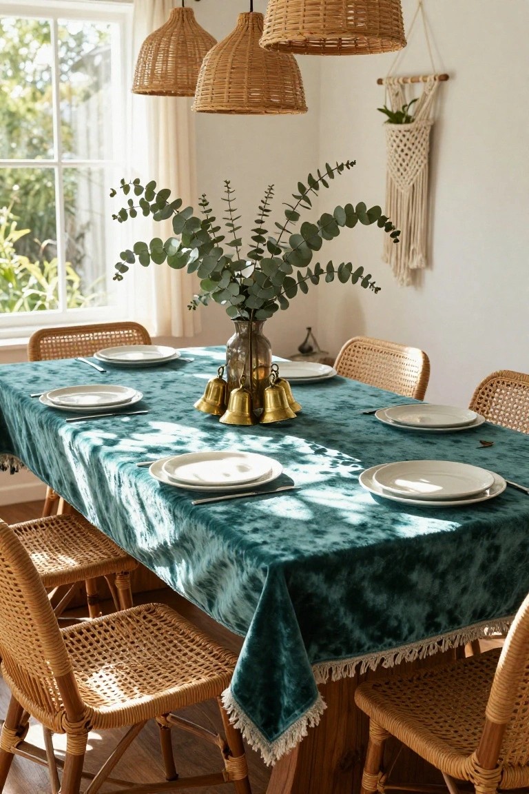 Sunlit dining room with wooden table covered in teal fringed velvet cloth, set with white plates, gold bells centerpiece, eucalyptus vase, rattan chairs, woven pendant lights, and macrame plant hanger.