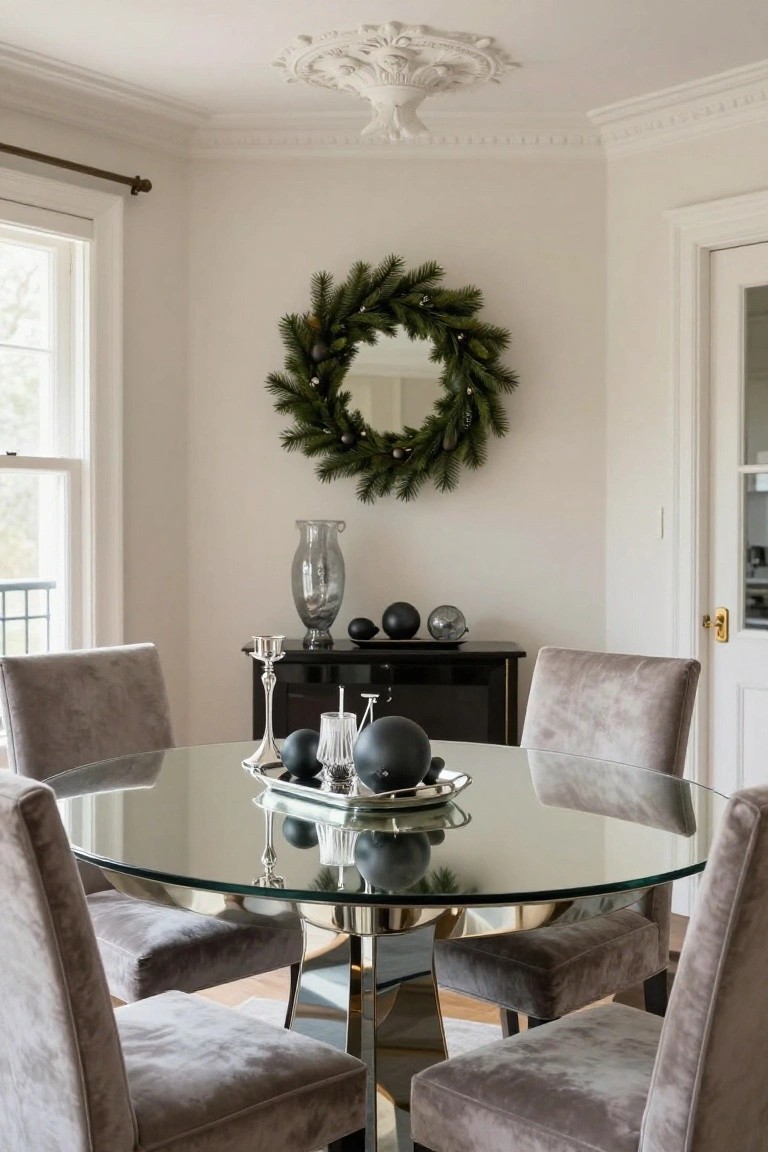 Round glass-top table with brass base and four gray velvet chairs in a white dining room corner, silver tray holding black spheres and glassware on table, sideboard with vases and candles, evergreen wreath on wall mirror, windows and door visible.