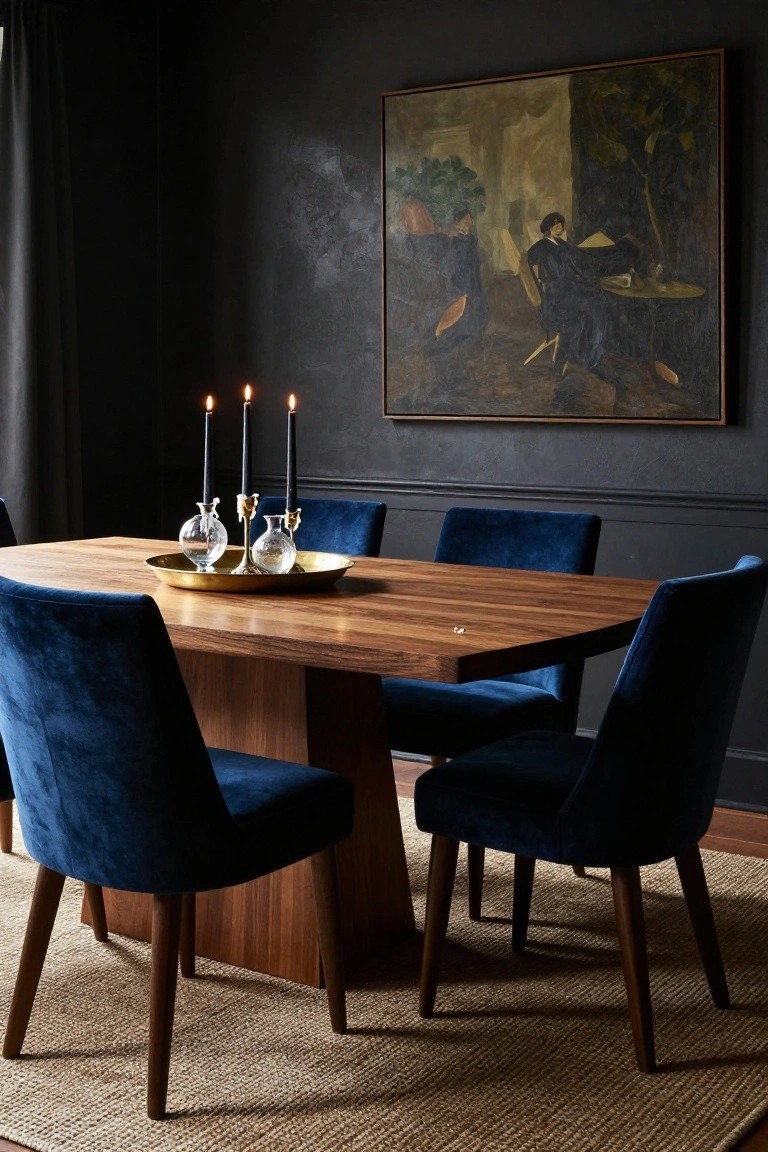Wooden dining table with gold tray holding glass candle holders and lit black candles, surrounded by blue velvet chairs, in a dark-walled room with a large painting on the wall and beige rug on the floor.