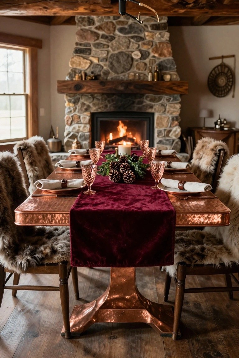 Dining table topped with hammered copper surface and red velvet runner, set with copper plates, pink glassware, napkins, and pinecone decorations, with fur-upholstered chairs in a room with stone fireplace.