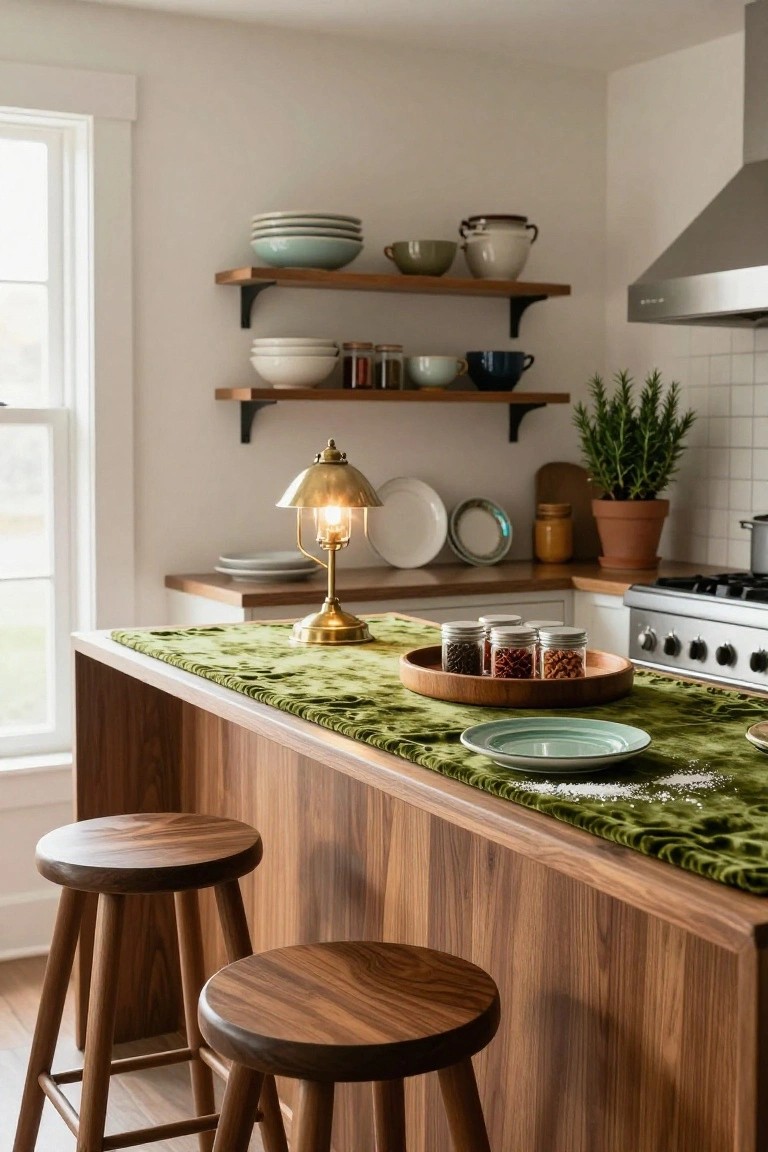 Wooden kitchen island counter covered in green velvet runner with wooden tray of spice jars, salt plate, flanked by two wooden stools, brass lamp nearby, open shelves with dishes and potted rosemary plant in background.