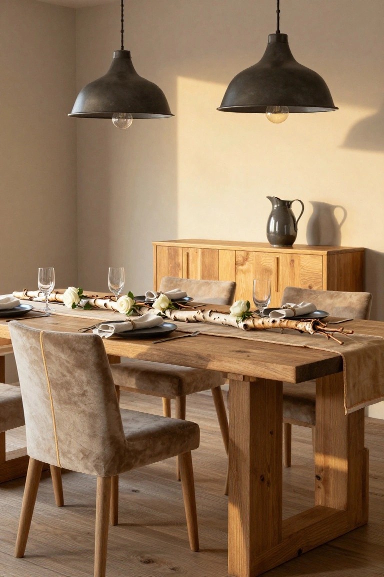Wooden dining table in a light beige room set for a meal with a beige velvet runner, birch branches, white roses, black plates, glassware, and beige velvet-upholstered chairs, pendant lights above, wooden sideboard with gray jug nearby.