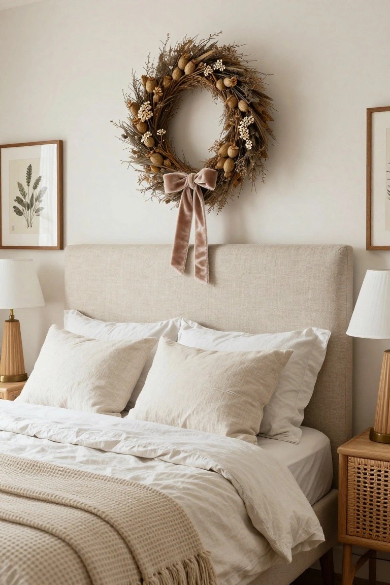 Neutral bedroom with beige upholstered headboard, white sheets and pillows on bed, large wreath of dried wheat, poppies, and baby's breath tied with pink velvet ribbon bow hung above headboard, flanked by botanical prints in wooden frames and gold-based lamps on rattan nightstands.