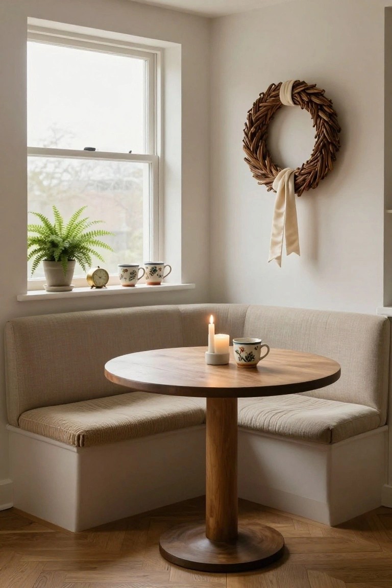 Beige booth seating in a light corner with round wooden pedestal table holding a lit candle and mug, windowsill with fern plant, clock, and two mugs, and twig wreath with white ribbon on the wall.