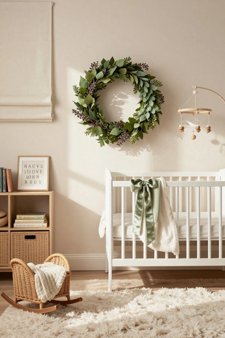 Neutral-toned nursery with beige walls, large green eucalyptus wreath on wall above white crib draped in sage green velvet ribbon and white blanket, wooden mobile, oak bookshelf with books and frame, rattan rocking horse with blanket on white fluffy rug.