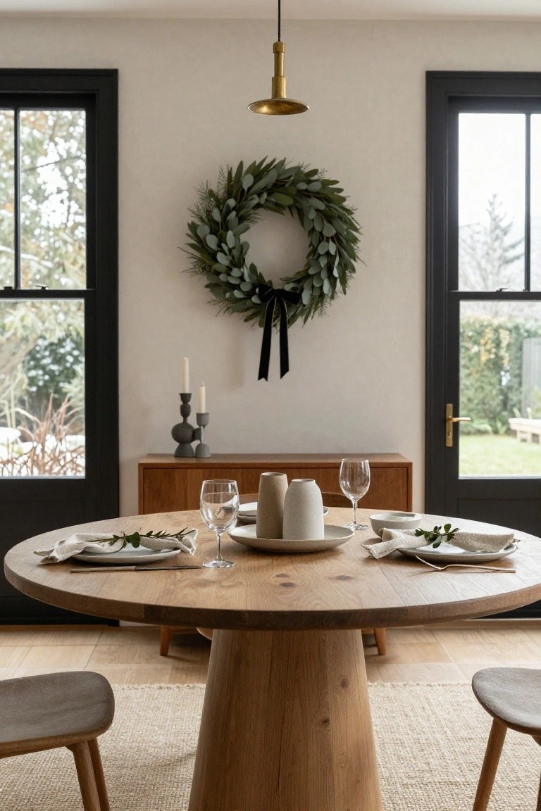 Neutral dining room with round oak pedestal table set for two with white plates, glassware, and linen napkins, eucalyptus wreath tied with black velvet ribbon on wall above wooden sideboard with candles, black-framed windows and doors to garden.