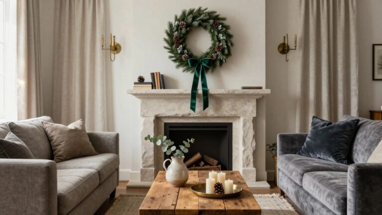 Christmas wreath with pinecones, eucalyptus leaves, and green velvet ribbon bow hanging above a beige stone fireplace mantel in a living room with blue velvet sofas, wooden coffee table, white vase of eucalyptus, and stacked books and candles on the hearth.