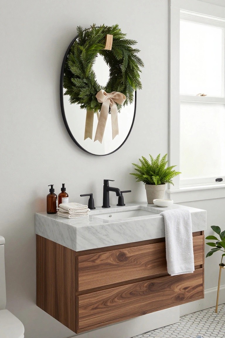 Oval black-framed mirror with evergreen Christmas wreath and beige satin ribbon bow above a white marble vanity sink, black faucet, amber glass bottles, folded towels, potted ferns, wood floating cabinet, and white toilet in a light gray bathroom with hex tile floor.