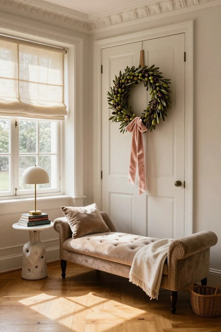 Light-filled interior room corner with white paneled door hung with lush olive wreath tied in pink velvet ribbon bow, adjacent to window with sheer linen shades, gold-based lamp on side table with books, pinkish velvet chaise lounge with throw, and speckled pedestal stool on herringbone oak floor.