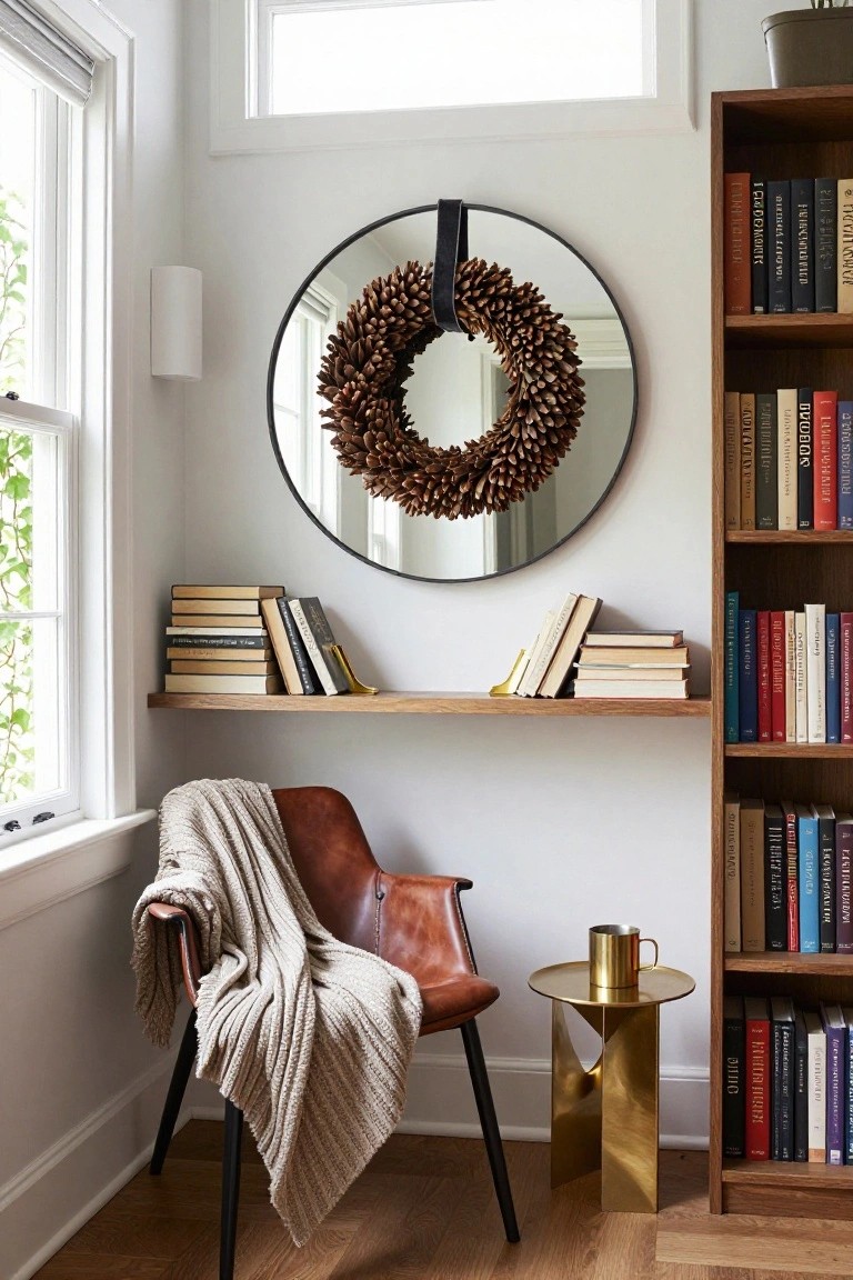 Round Mirror with Pinecone Wreath