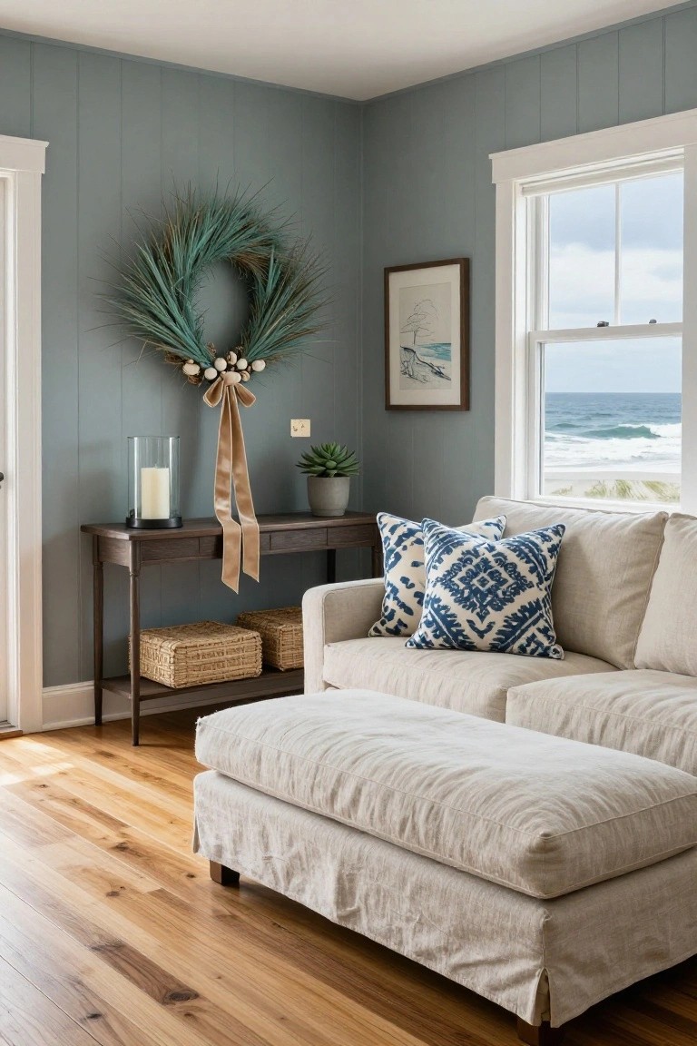 Blue shiplap corner of a coastal living room featuring a seagrass wreath with white shells and tan velvet ribbon bow on the wall above a dark wood console table holding a glass candleholder and woven baskets, beside a beige linen sofa with blue patterned pillows and an ocean view window.