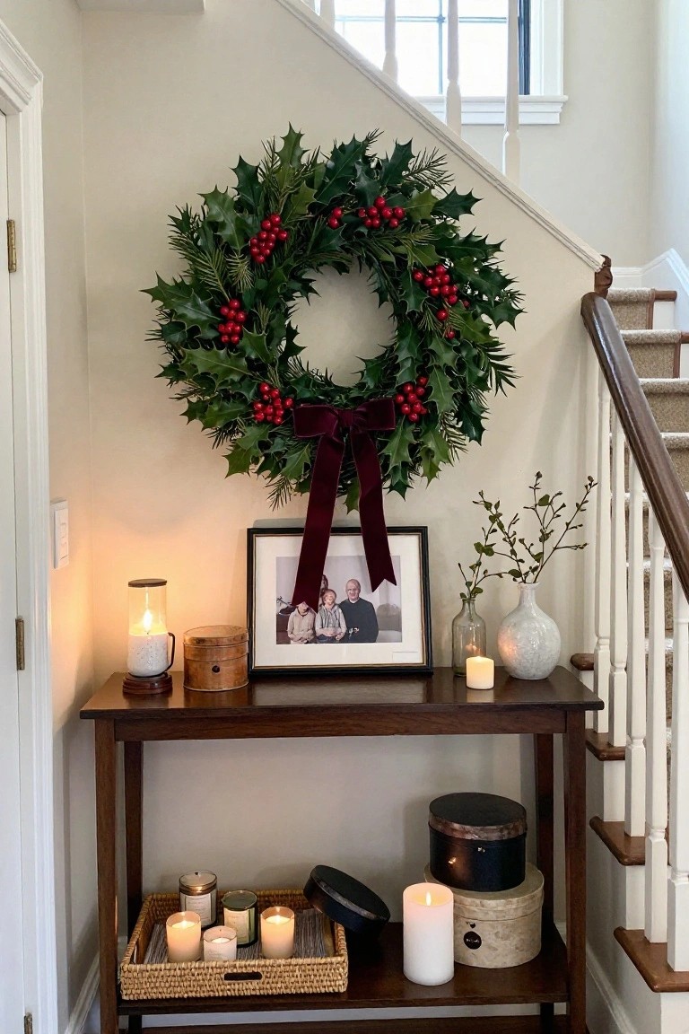 Christmas holly wreath with green leaves, red berries, and burgundy velvet ribbon bow hanging on white wall above wooden console table holding candles, wooden boxes, family photo frame, and vase in entryway beside staircase.