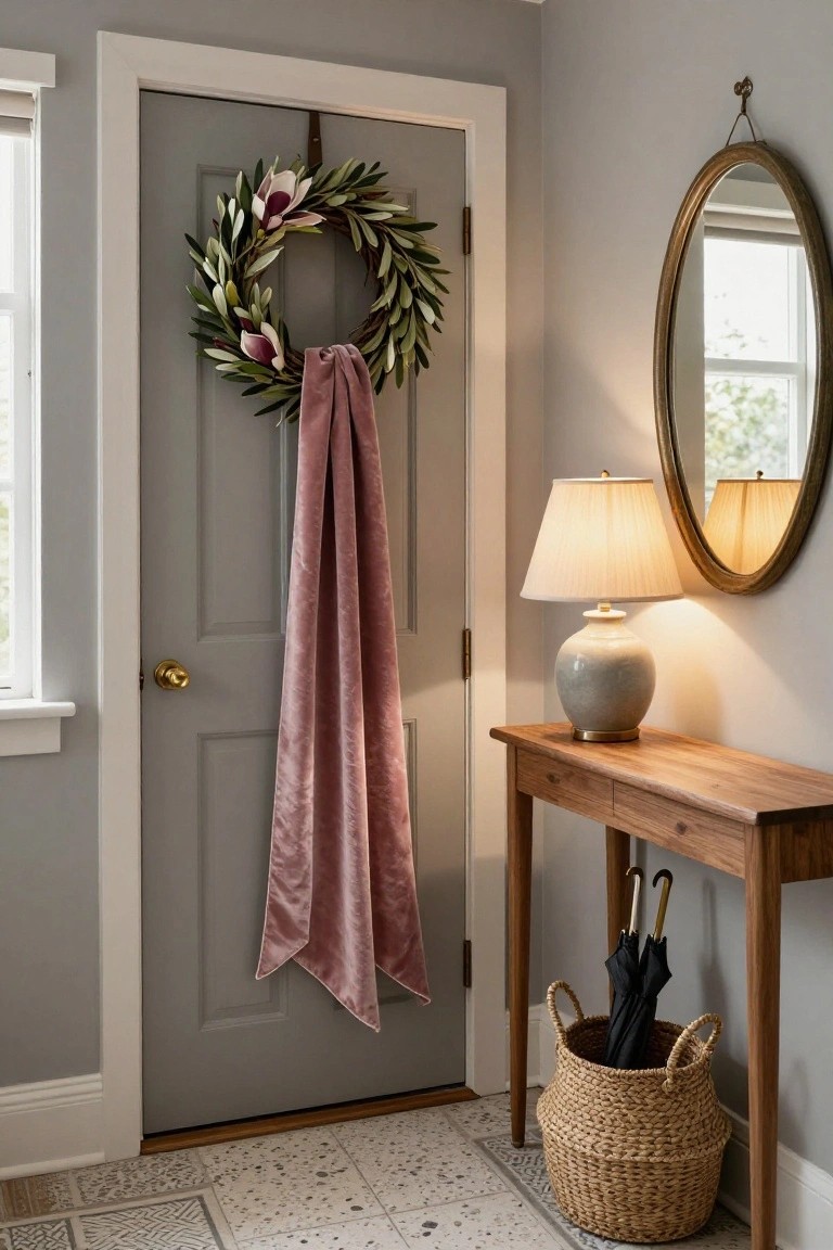 Gray paneled door in light gray entryway with olive leaf wreath featuring pink magnolia flowers and long pink velvet ribbon draped over it, beside wooden console table with lamp, vase, and seagrass basket holding umbrellas.