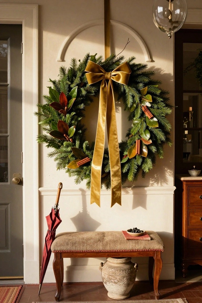 Christmas wreath made of fir branches, magnolia leaves, and cinnamon sticks tied with a large gold velvet ribbon bow, hanging on a white interior wall above a cushioned bench with a red umbrella leaning against it and a terracotta vase on the floor nearby.