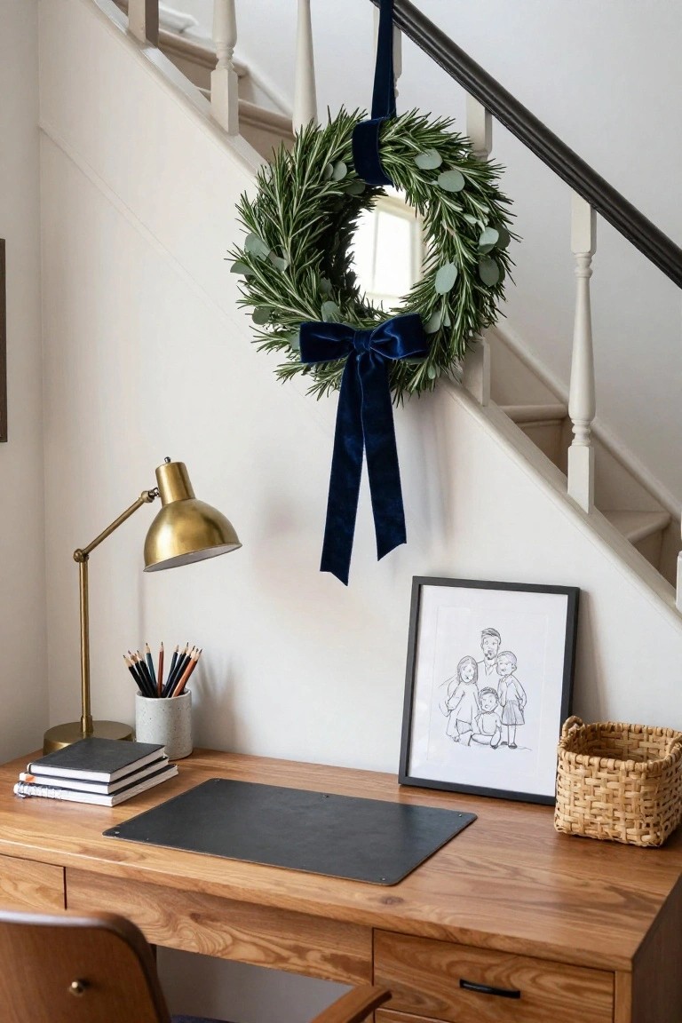 Eucalyptus wreath with navy velvet ribbon hanging on white wall beside wooden stairs in home office with oak desk, gold desk lamp, colored pencils, notebooks, and black-framed family line drawing.