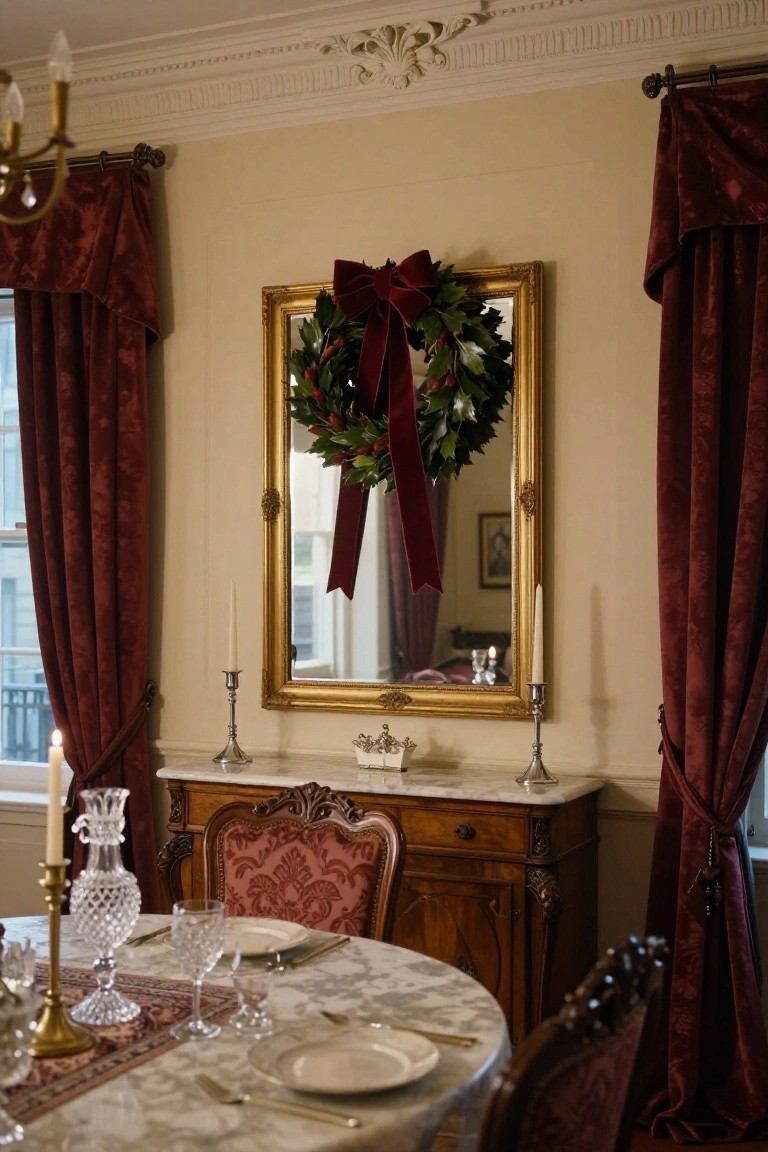 Traditional dining room with gold-framed mirror holding a Christmas wreath tied with red velvet ribbons, marble-topped sideboard with candelabras below, red velvet curtains on windows, and round table set with white dishes and crystal glassware.