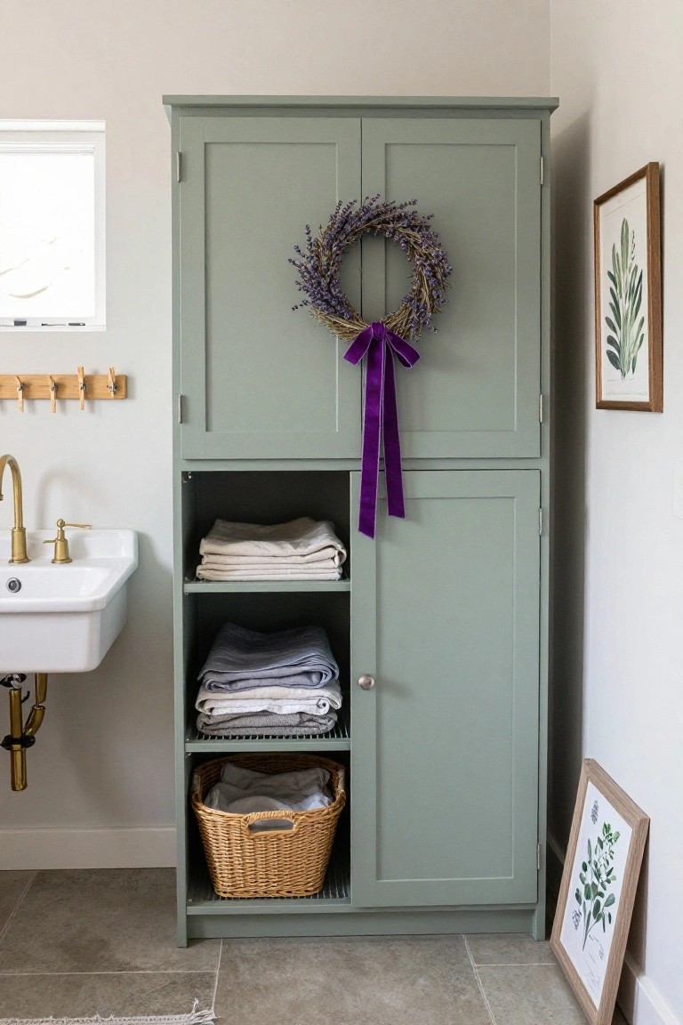 Tall sage green cabinet with closed upper doors and open lower shelves holding folded white and gray towels plus a wicker basket, decorated with dried lavender wreath and purple velvet ribbon bow on the door, positioned beside white pedestal sink in tiled bathroom.