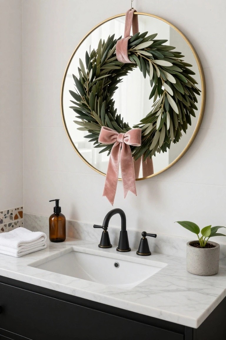 Velvet Ribbon Wreath on the Bathroom Mirror