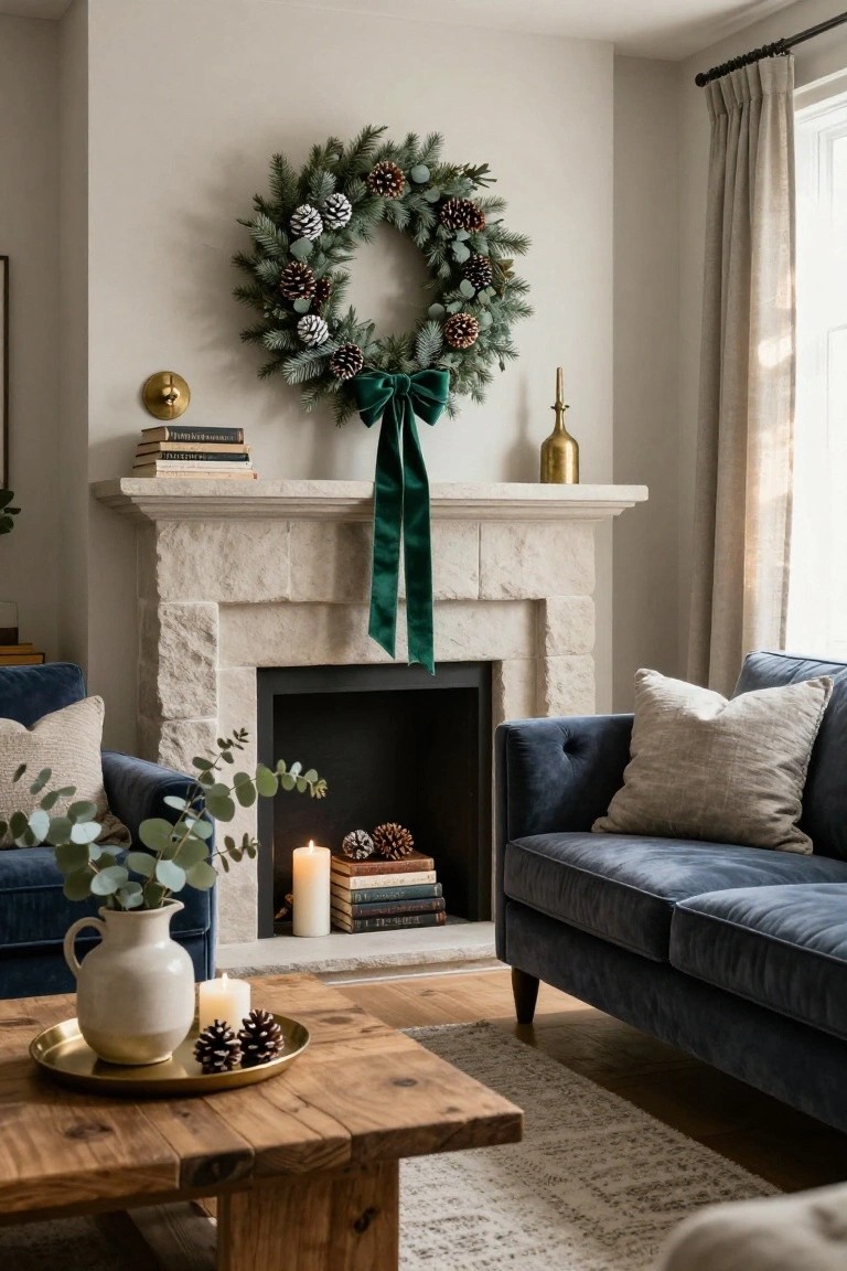 Christmas wreath with pinecones, eucalyptus leaves, and green velvet ribbon bow hanging above a beige stone fireplace mantel in a living room with blue velvet sofas, wooden coffee table, white vase of eucalyptus, and stacked books and candles on the hearth.