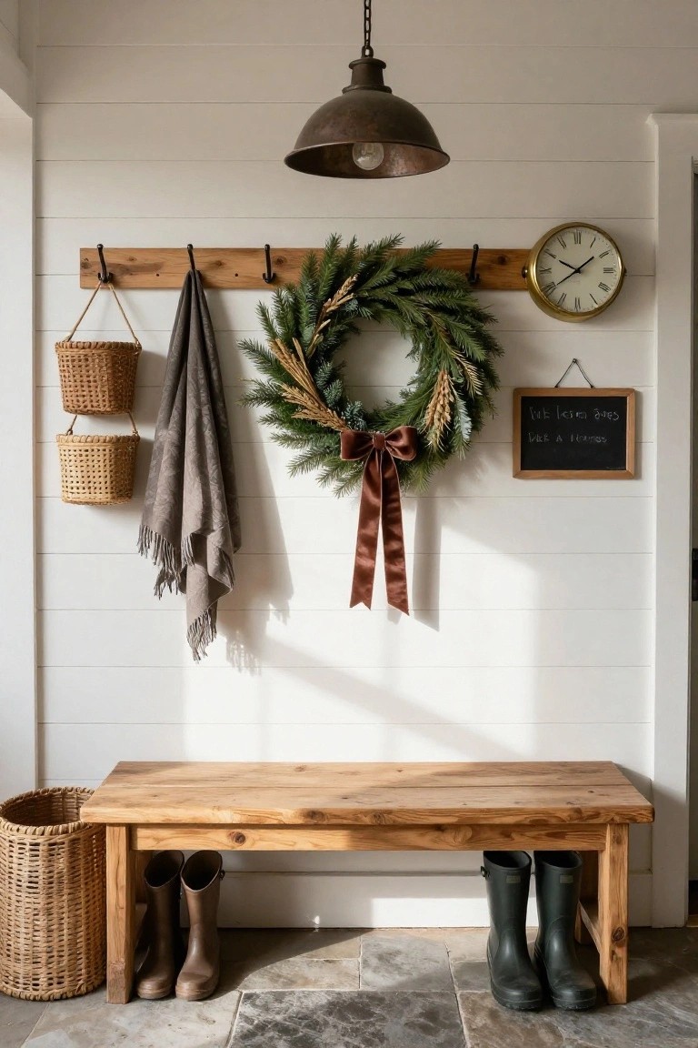 White shiplap entryway wall with wooden peg rail holding gray towel and Christmas wreath of greenery, wheat, and burgundy velvet ribbon bow, gold ship's clock, chalkboard sign, wooden bench with green rubber boots underneath, wicker baskets nearby, and pendant light above.