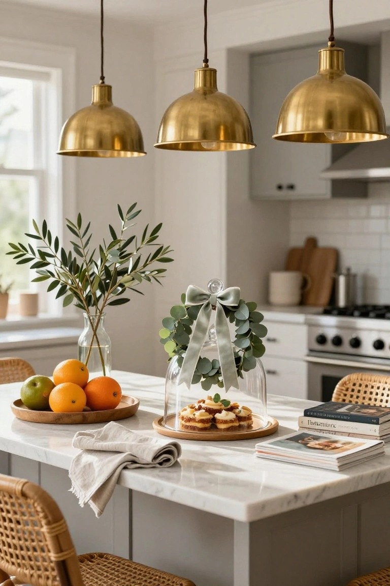 Kitchen island topped with wooden bowls of oranges and limes, pastries on a plate, and a glass-domed eucalyptus wreath with gray velvet ribbon bow, flanked by rattan stools under three brass pendant lights.