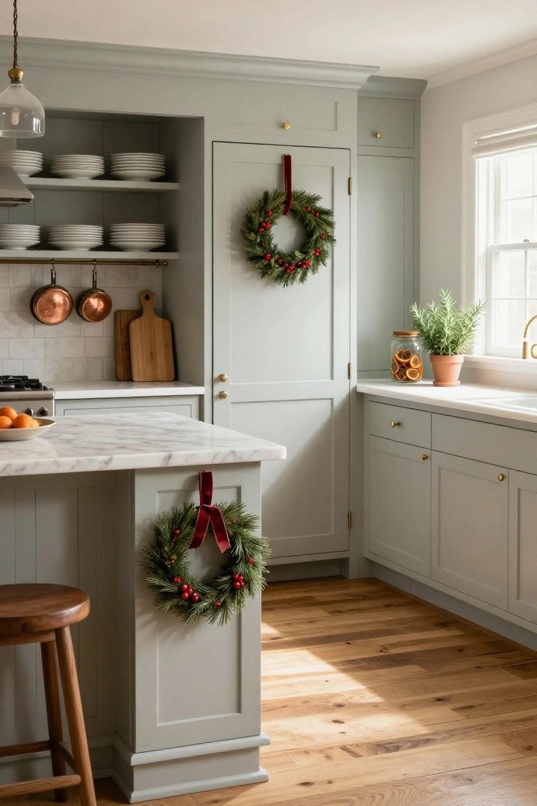Light gray kitchen cabinets with white marble island, wooden stool, open shelves holding stacked white plates, hanging copper pots, cutting board, oranges on counter, potted rosemary, and evergreen Christmas wreaths tied with red velvet ribbons on cabinet doors and island end.