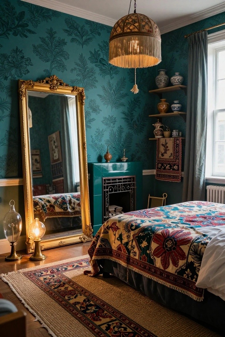 Bedroom interior featuring teal leafy-patterned wallpaper, tall ornate gold-framed mirror leaning near a turquoise tiled fireplace, colorful patterned bedspread on a bed, woven rug on wood floor, and various vases and textiles on shelves.