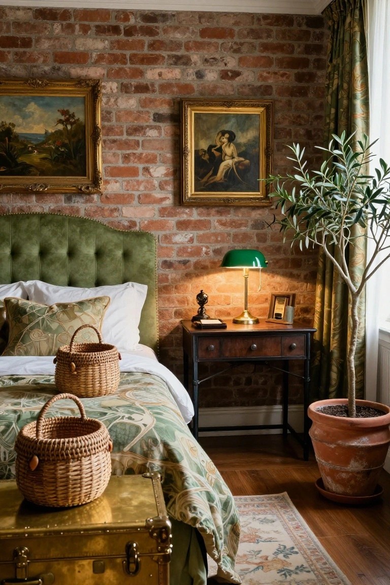 Bedroom interior with exposed red brick walls, emerald green tufted velvet headboard, two gold-framed oil paintings hanging on the brick, green banker's lamp on wooden desk with drawers, potted olive tree in terracotta pot, wicker baskets on bed, and brass trunk at bed foot.