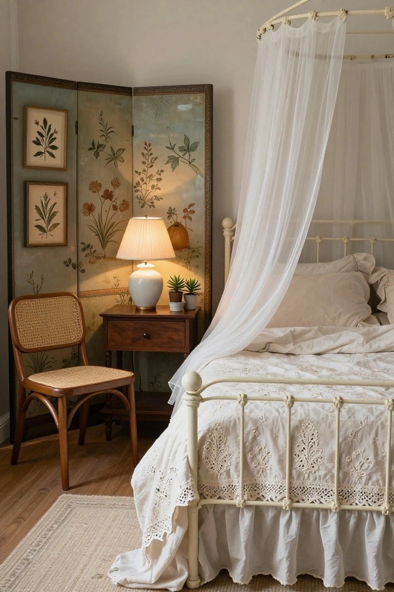 Cozy bedroom corner with white iron canopy bed draped in sheer fabric and lace bedding, antique three-panel folding screen with botanical prints behind it, wooden side table holding white lamp and potted plants, rattan chair, hardwood floor, and neutral rug.
