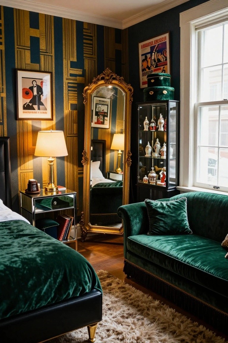 Corner of a bedroom with navy and gold geometric striped wallpaper, emerald green velvet bed and chaise lounge, ornate gold mirror, nightstand with lamp, and black curio cabinet displaying ceramic figurines.