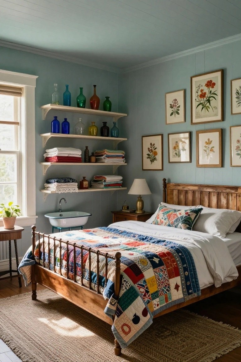 Sage green paneled bedroom corner with open wooden shelves displaying colorful vintage glass bottles, folded linens and towels, books, botanical prints on walls, wooden bed with patchwork quilt, and white enamel sink by window.