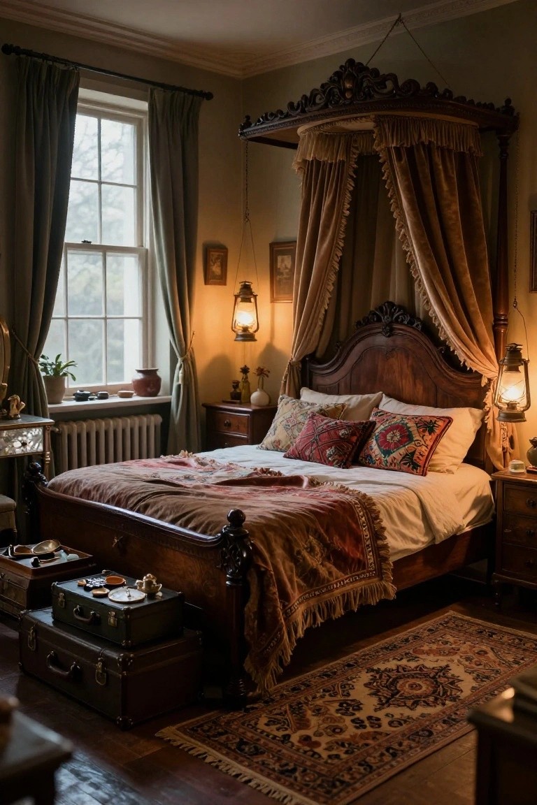 A vintage bedroom with a large wooden canopy bed draped in beige fabrics, colorful patterned pillows and throws on the bed, wooden furniture, lanterns, and suitcases on the floor.