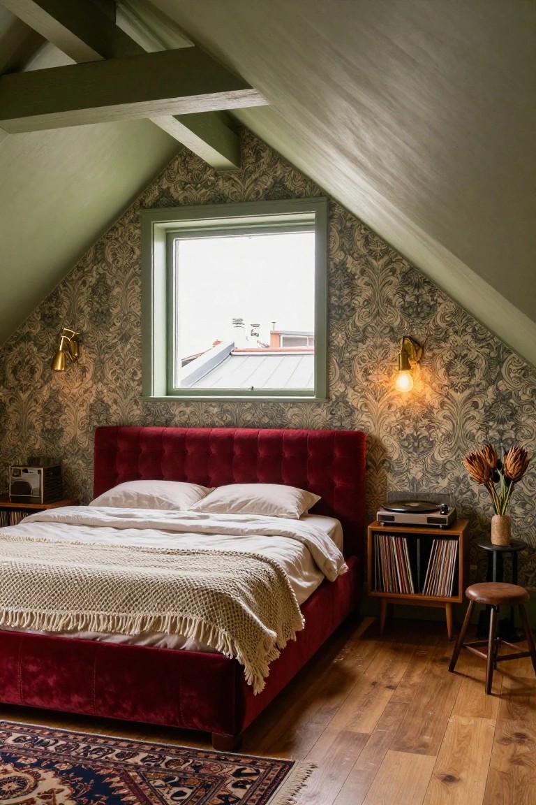 Attic bedroom with green-painted sloped ceilings and beams, walls covered in ornate beige floral wallpaper, red velvet upholstered bed with white sheets and knit throw, hardwood floors, Persian-style rug, brass wall sconces, small window, turntable, records, stool, and potted plants.