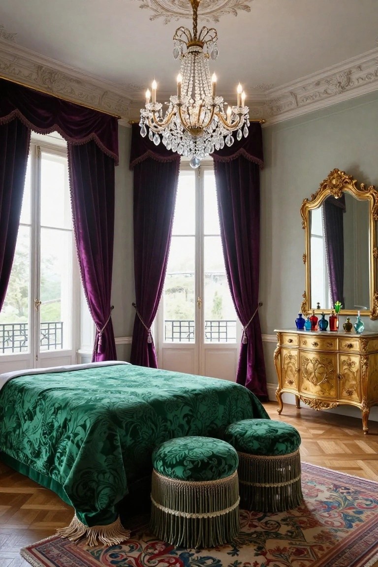 A bedroom interior with deep purple velvet curtains on two sets of French doors, emerald green brocade bedspread and matching ottomans, gold chandelier, ornate gold dresser topped with colored glass bottles, and patterned rug on parquet flooring.