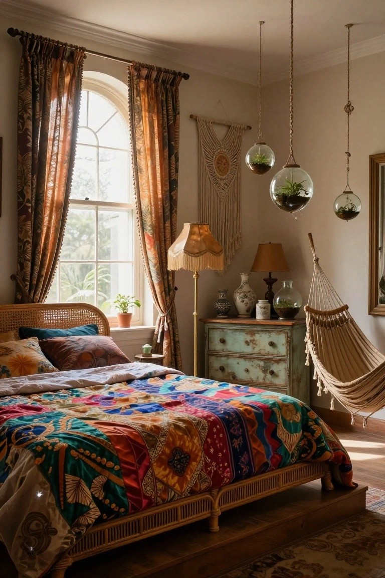 Bedroom with rattan bed topped by colorful patterned bedding and pillows, arched window with sheer orange curtains, hanging glass terrariums, macrame wall hanging, green dresser, lamps, and hammock chair.